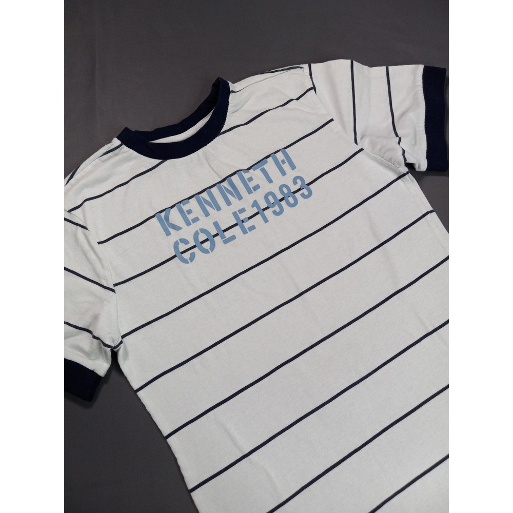 Kenneth Cole Boys Size 12 Striped Ringer T-Shirt White Navy Blue Graphic Tee